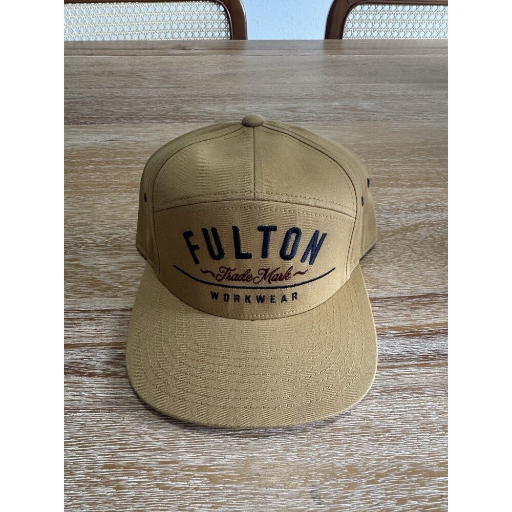 Fulton Brand Co Workwear Hat Mens Khaki Tan Leather Strapback 7 Panel Flat Bill